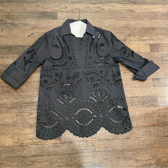 Zara Tops - Sz XS Zara ZW Collection oversized embroidered black poplin shirt tunic